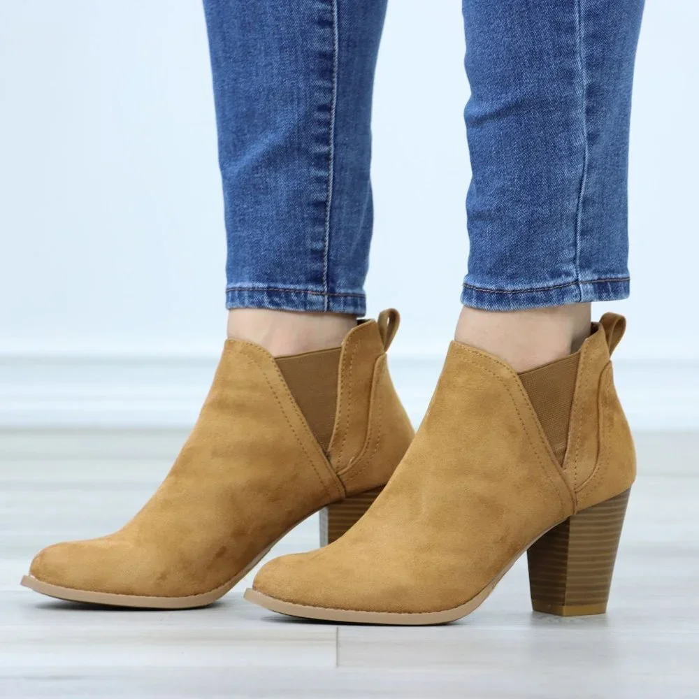 Block High Heeled Ankle Boots Brown Synthetic Suede Chelsea Cone - Picture 11 of 15
